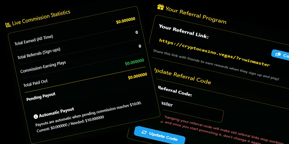 Thống kê hoa hồng trực tiếp và bảng điều khiển hiển thị dashboard thu nhập rev-share tại CryptoCasino.Vegas